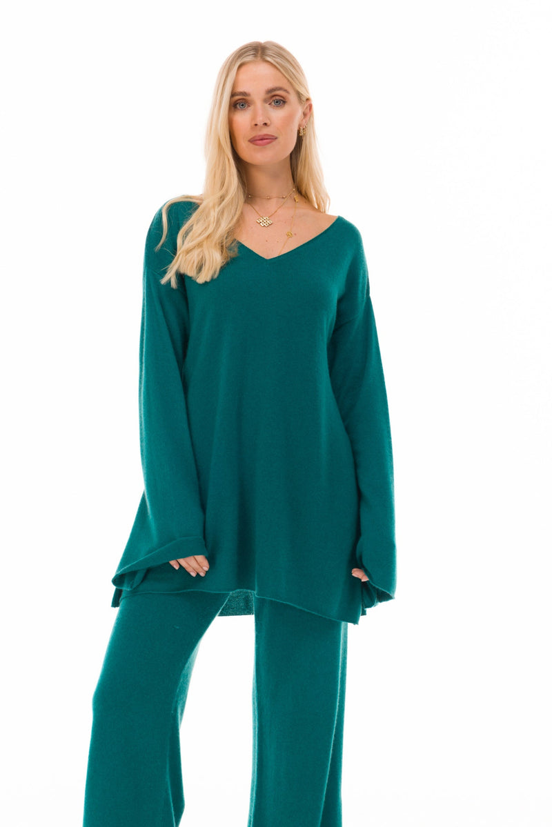 100% CASHMERE FLUTED V-NECK JUMPER PEACOCK