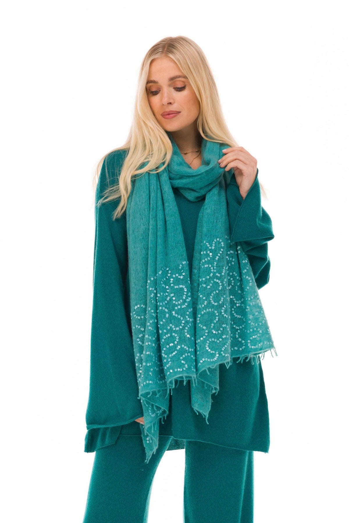100% CASHMERE FLUTED V-NECK JUMPER PEACOCK