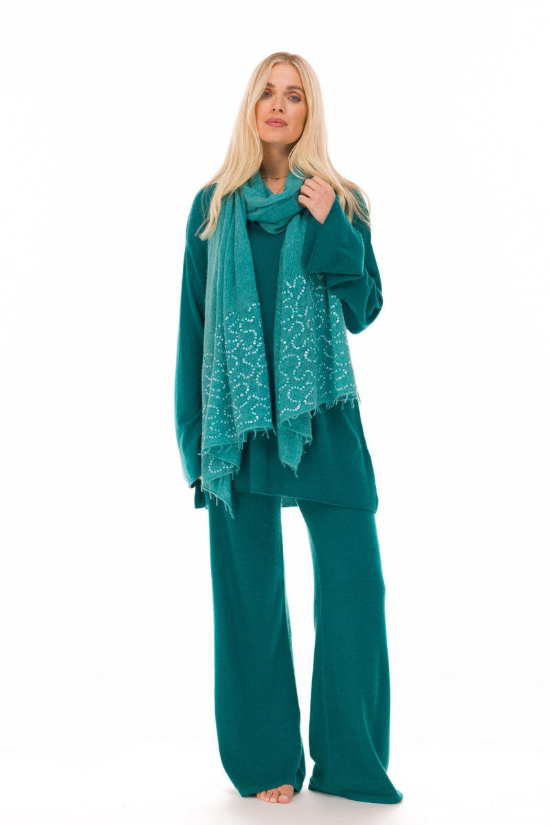 100% CASHMERE FLUTED V-NECK JUMPER PEACOCK