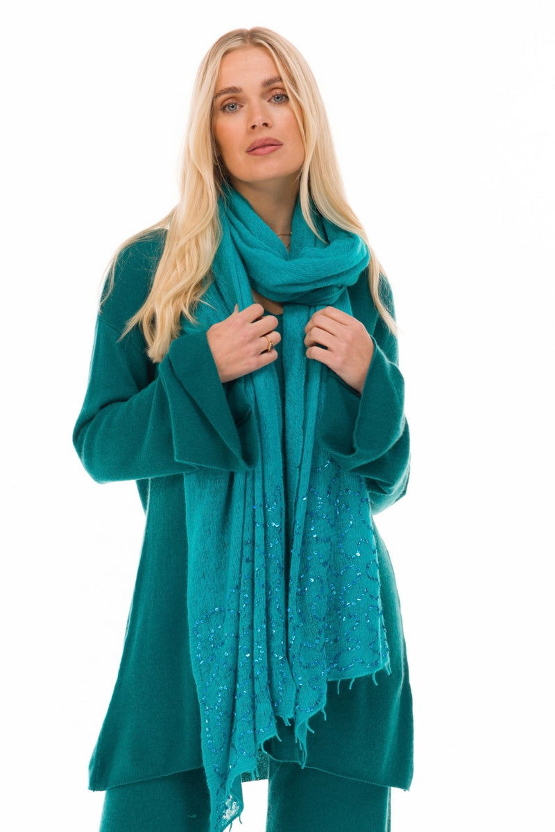 100% CASHMERE FLUTED V-NECK JUMPER PEACOCK