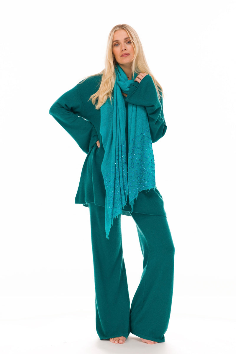 100% CASHMERE FLUTED V-NECK JUMPER PEACOCK