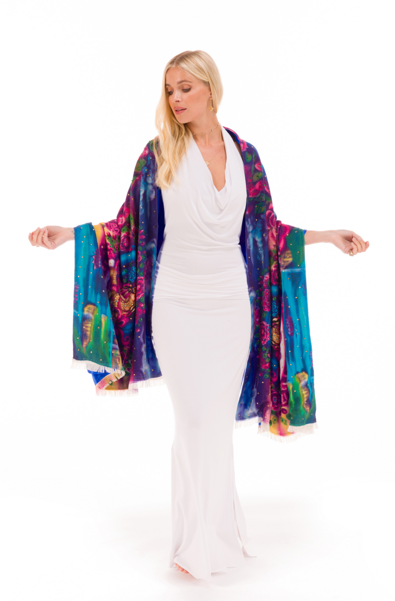 WHITE TARA CASHMERE AND SILK BEADED SHAWL