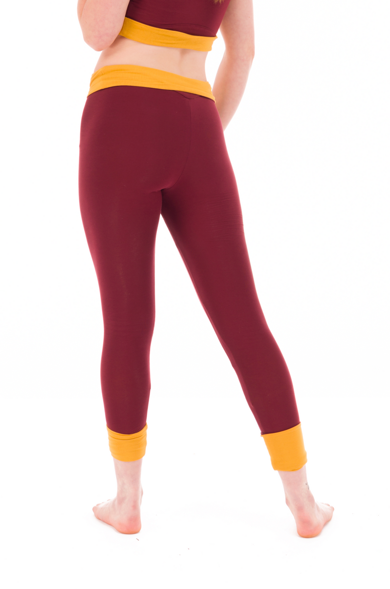 BAMBOO REVERSIBLE YOGA PANTS BURGUNDY - TIBETAN YELLOW