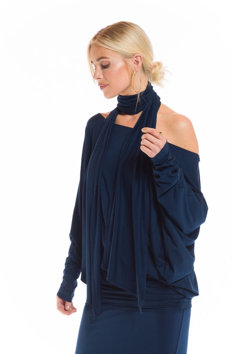 BAMBOO RAGLAN TOP WITH SCARF NAVY