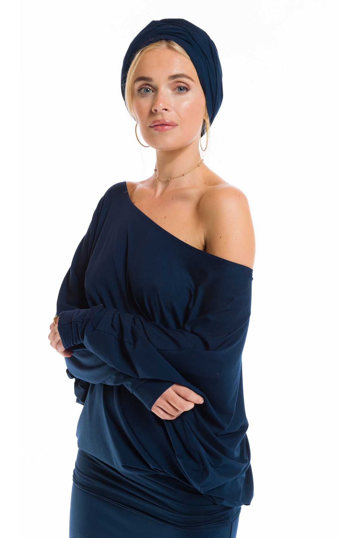 BAMBOO RAGLAN TOP WITH SCARF NAVY