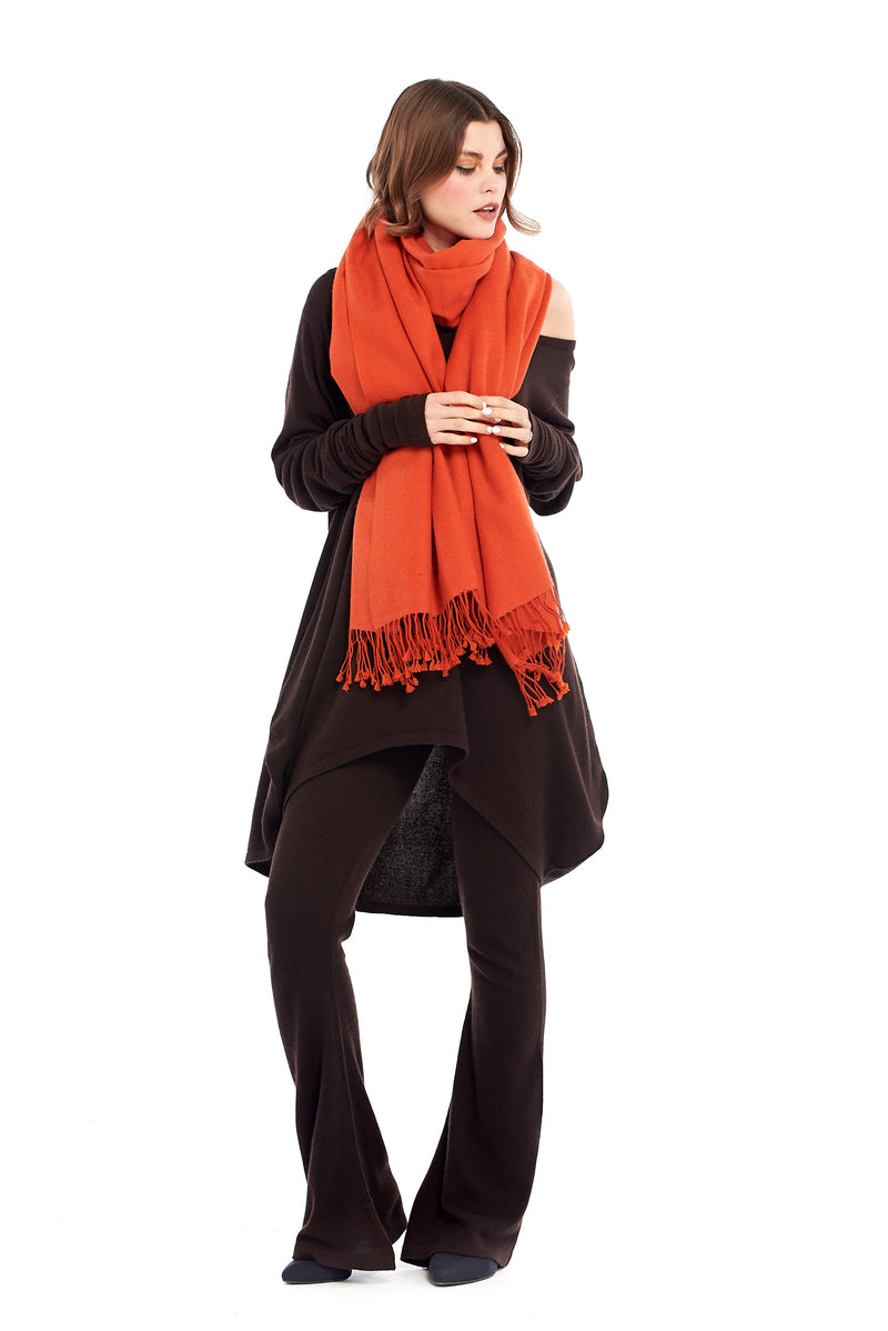 Thick Luxury Cashmere Herringbone Shawl - Spicy Orange - MUDRA