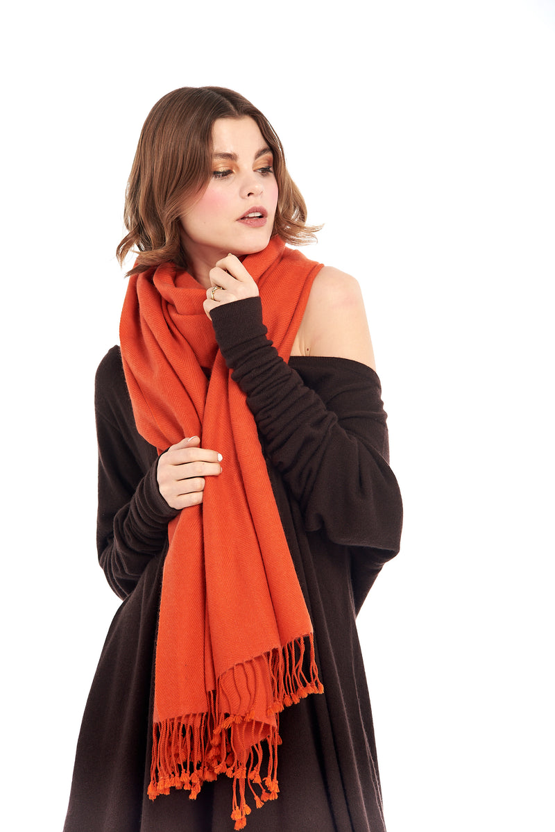 Thick Luxury Cashmere Herringbone Shawl - Spicy Orange - MUDRA