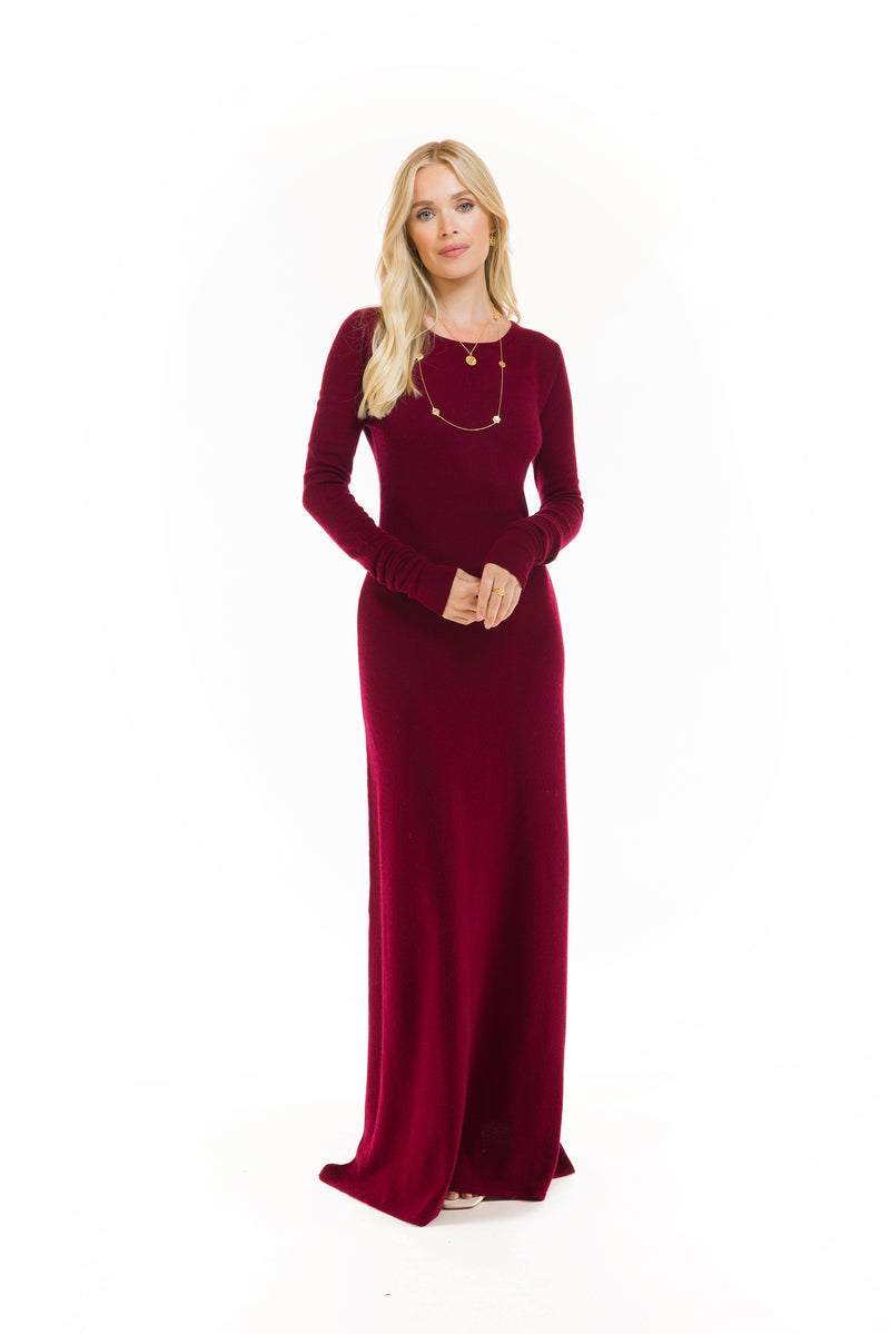 CASHMERE MAXI FITTED DRESS BURGUNDY