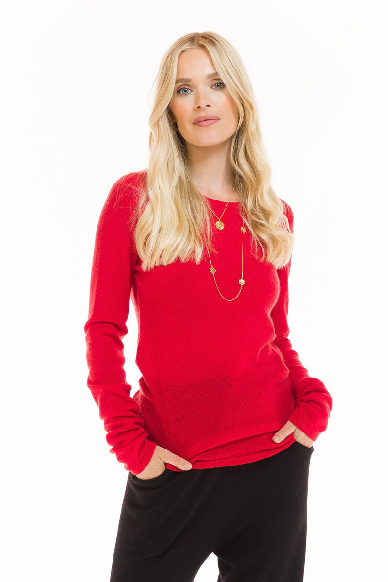 100% CASHMERE ULTRA FINE LONG SLEEVE TOP RED