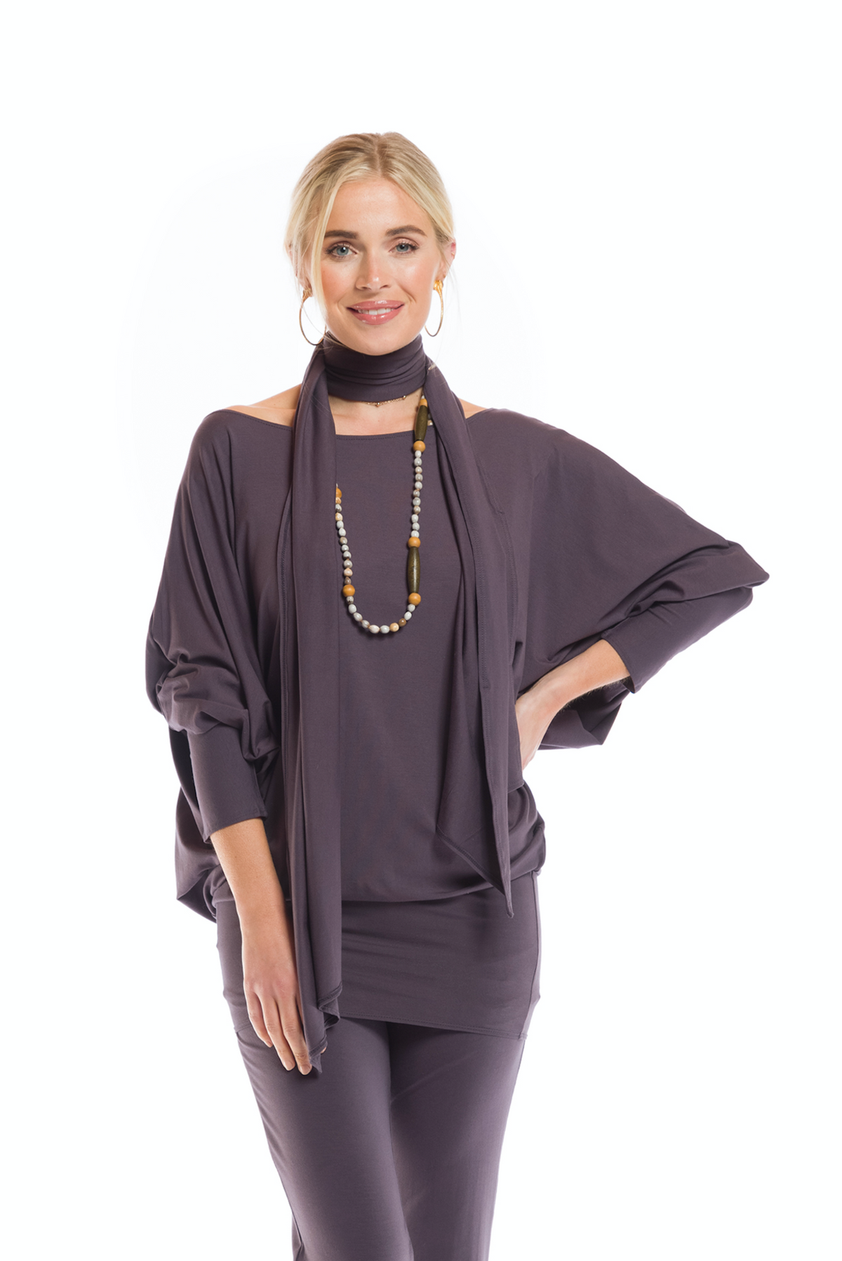 BAMBOO RAGLAN TOP WITH SCARF CHARCOAL