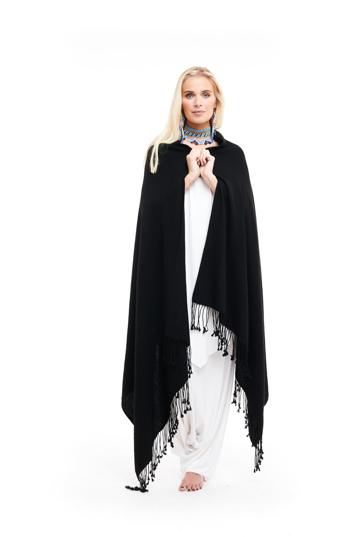 Thick Luxury Cashmere Herringbone Shawl - Black - MUDRA