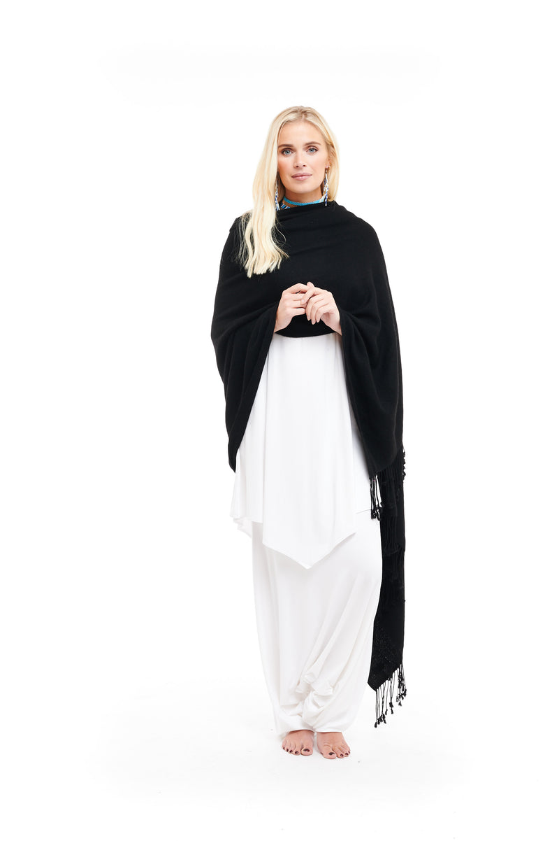 Thick Luxury Cashmere Herringbone Shawl - Black - MUDRA