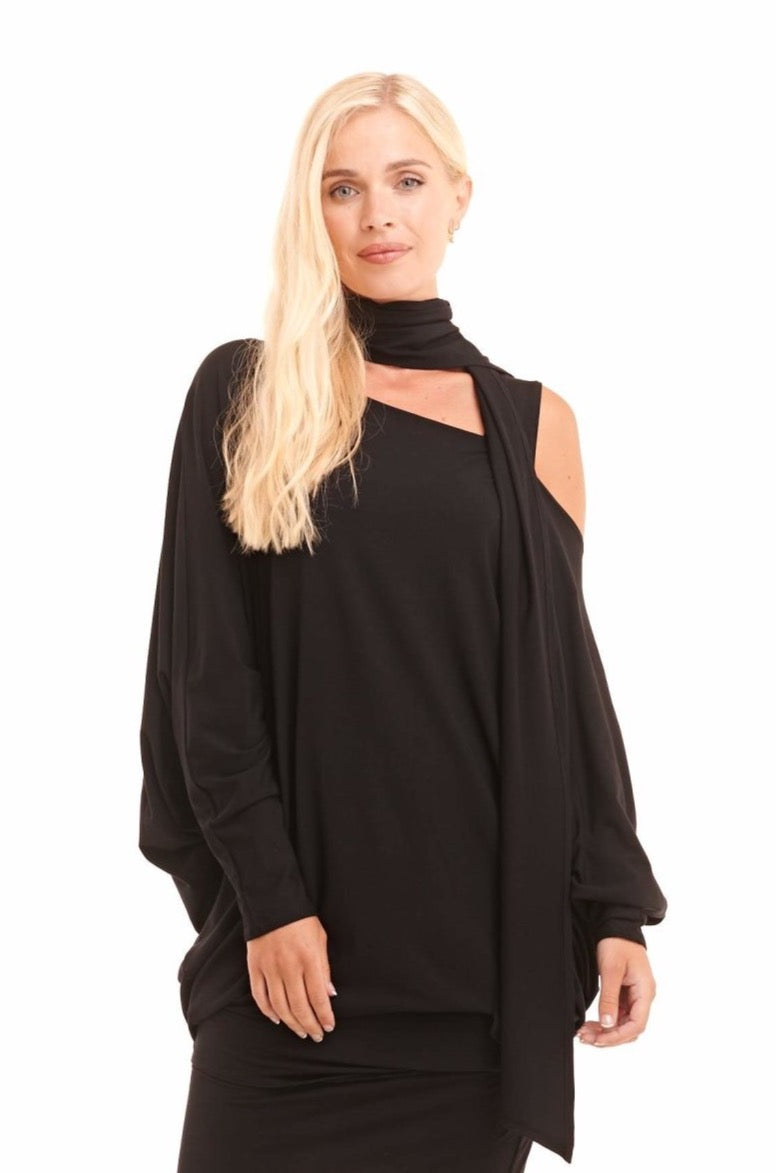 Bamboo Raglan Top With Scarf Black - MUDRA