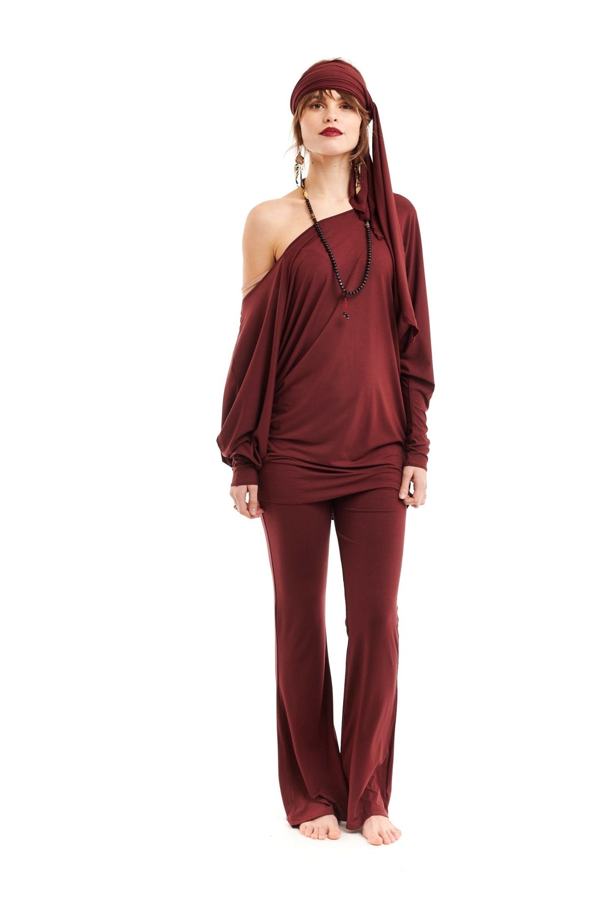 Bamboo Raglan Top With Scarf Burgundy - MUDRA