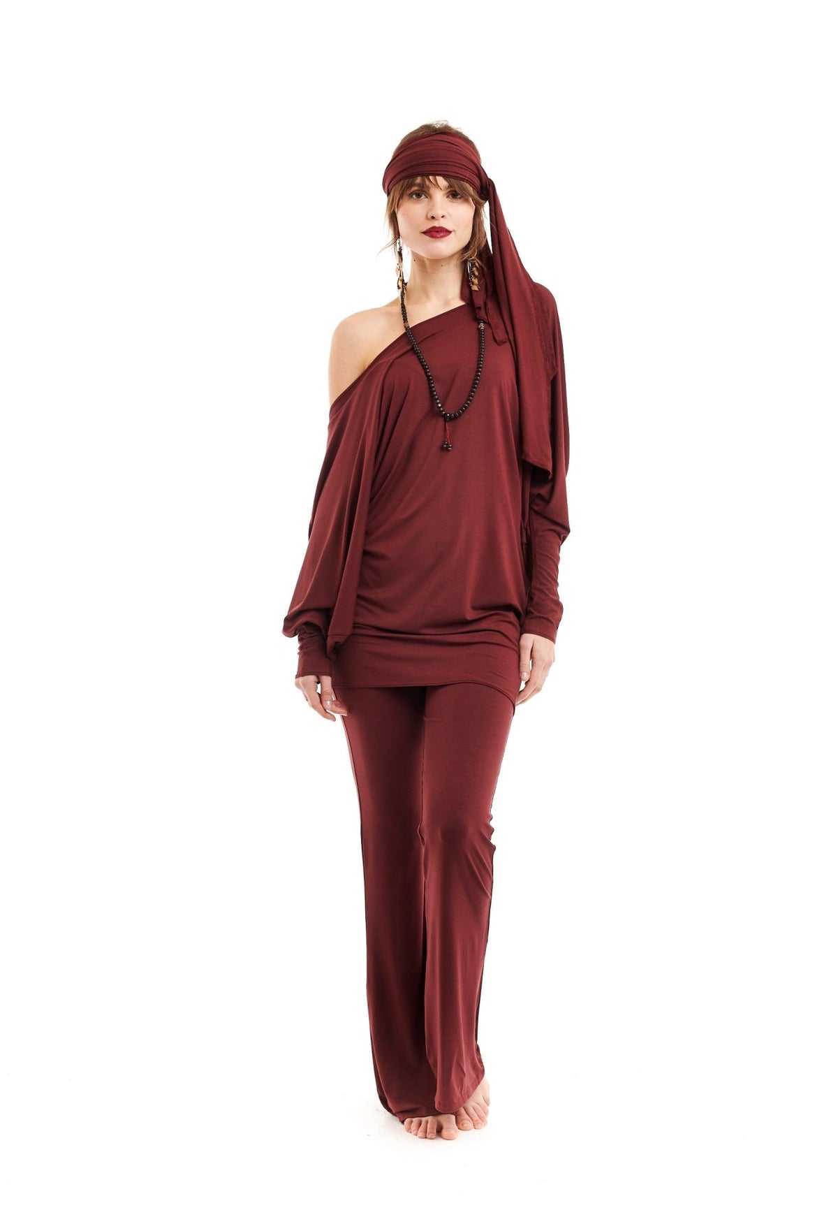 Bamboo Raglan Top With Scarf Burgundy - MUDRA