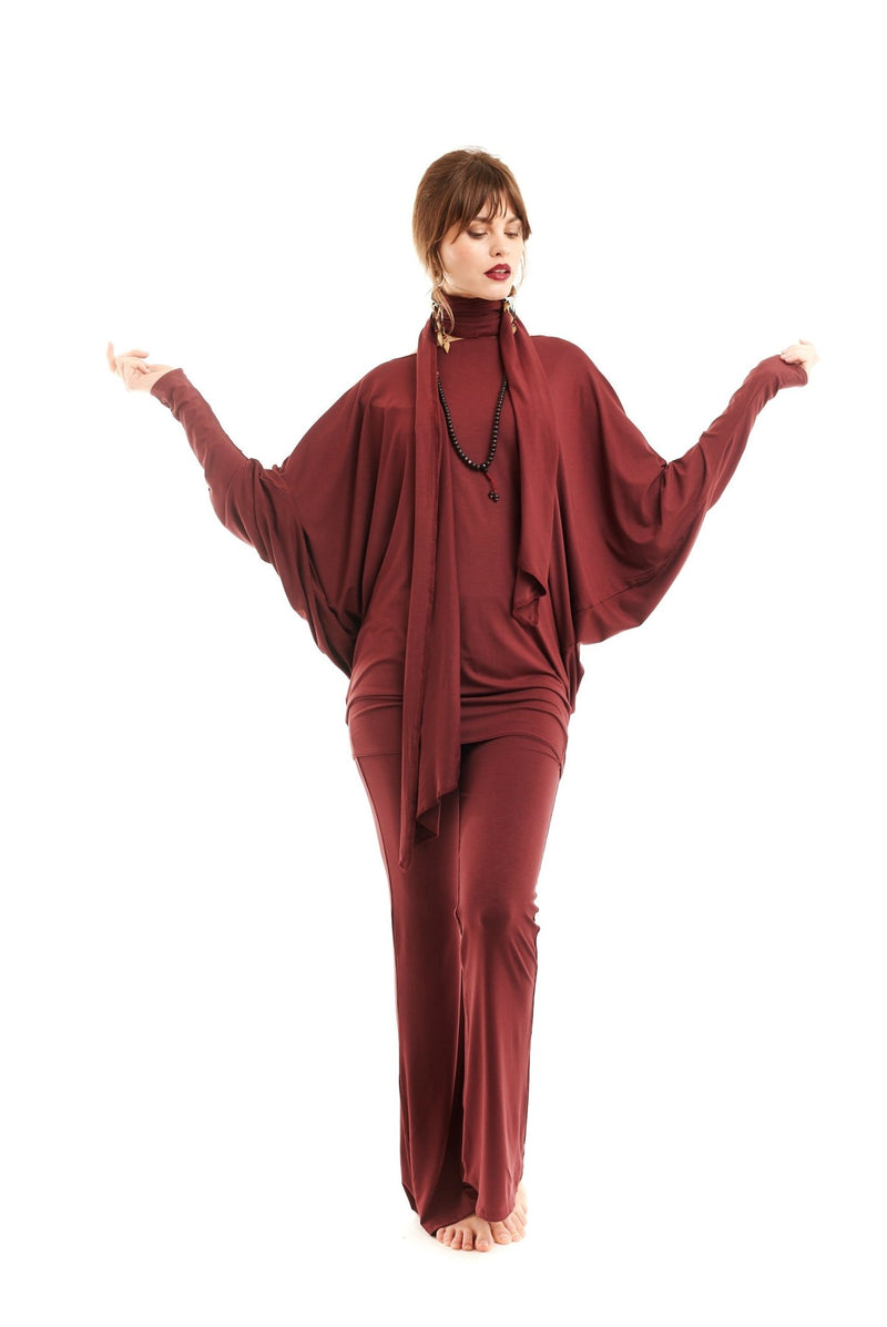 Bamboo Raglan Top With Scarf Burgundy - MUDRA