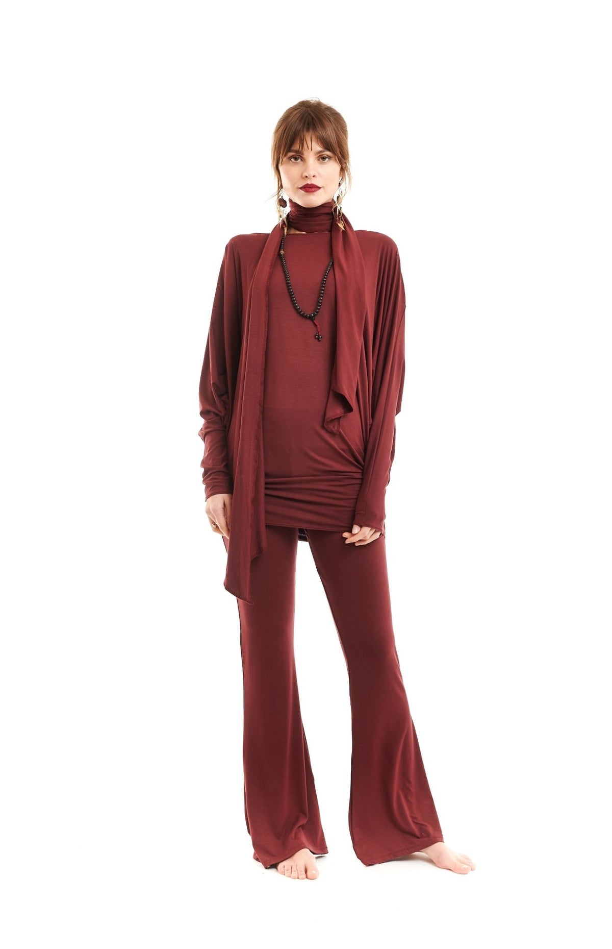 Bamboo Raglan Top With Scarf Burgundy - MUDRA