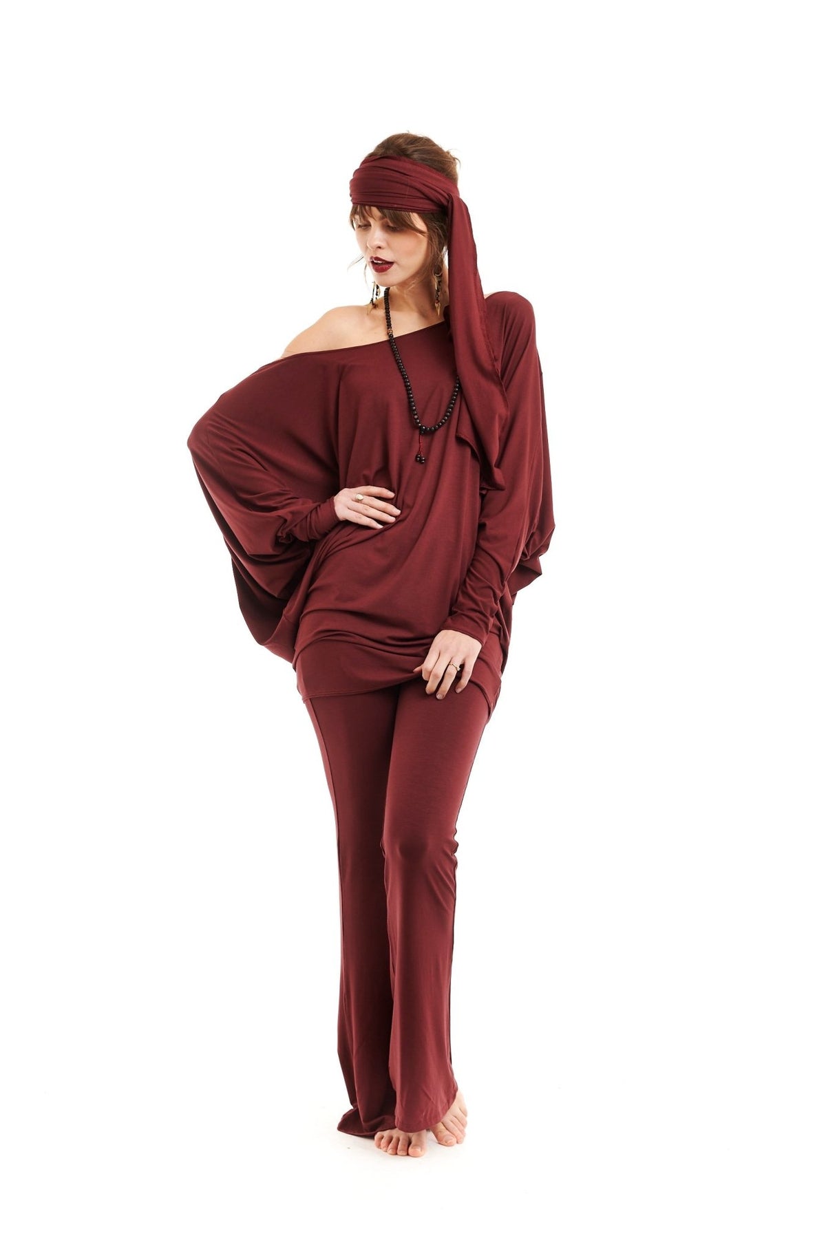 Bamboo Raglan Top With Scarf Burgundy - MUDRA