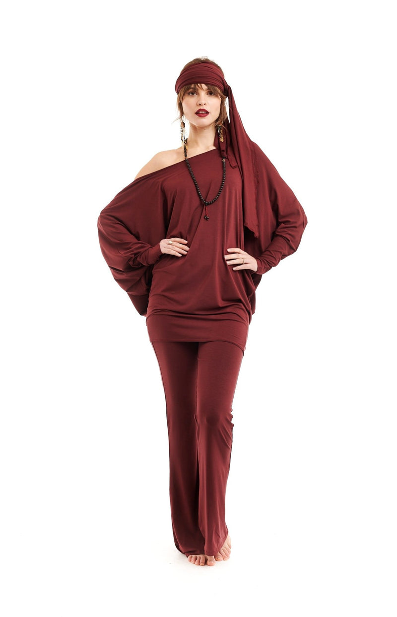 Bamboo Raglan Top With Scarf Burgundy - MUDRA