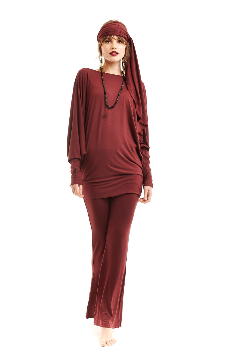 Bamboo Raglan Top With Scarf Burgundy - MUDRA