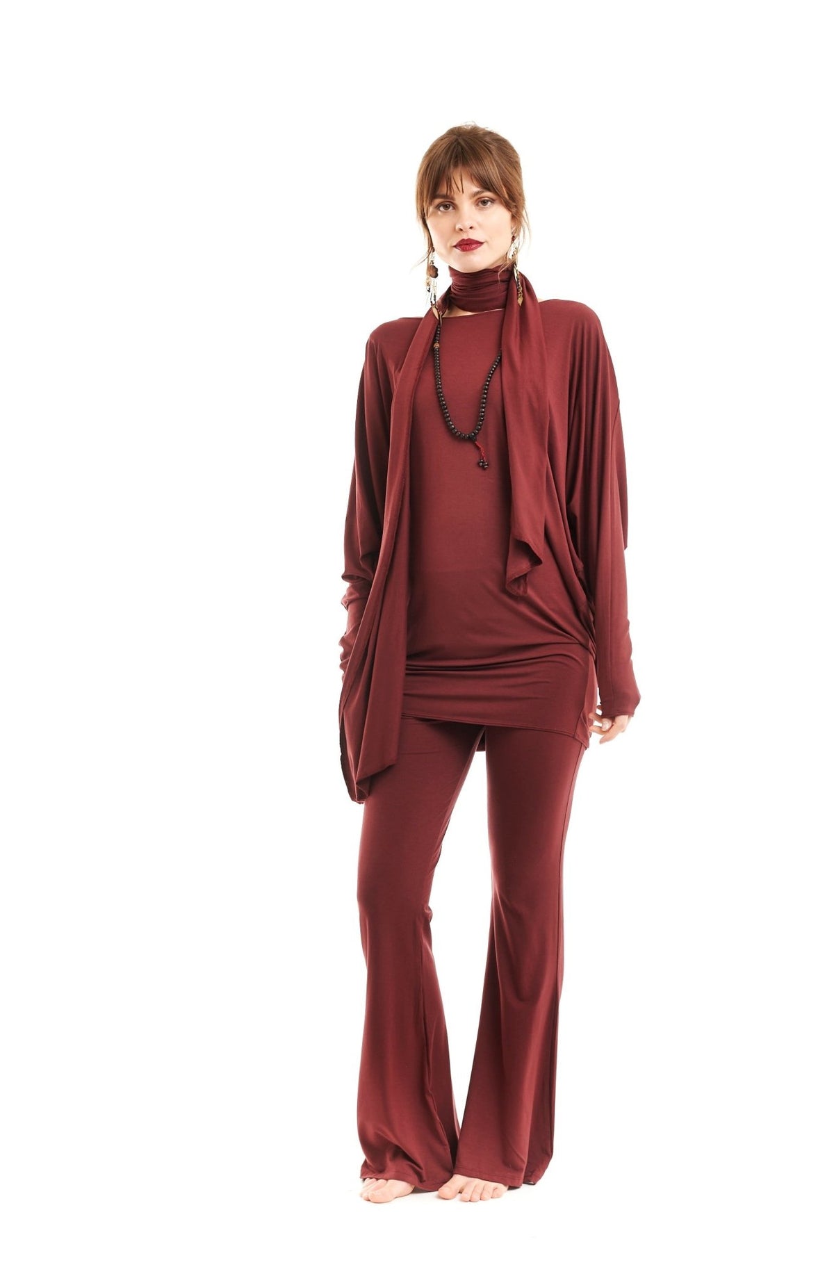 Bamboo Raglan Top With Scarf Burgundy - MUDRA