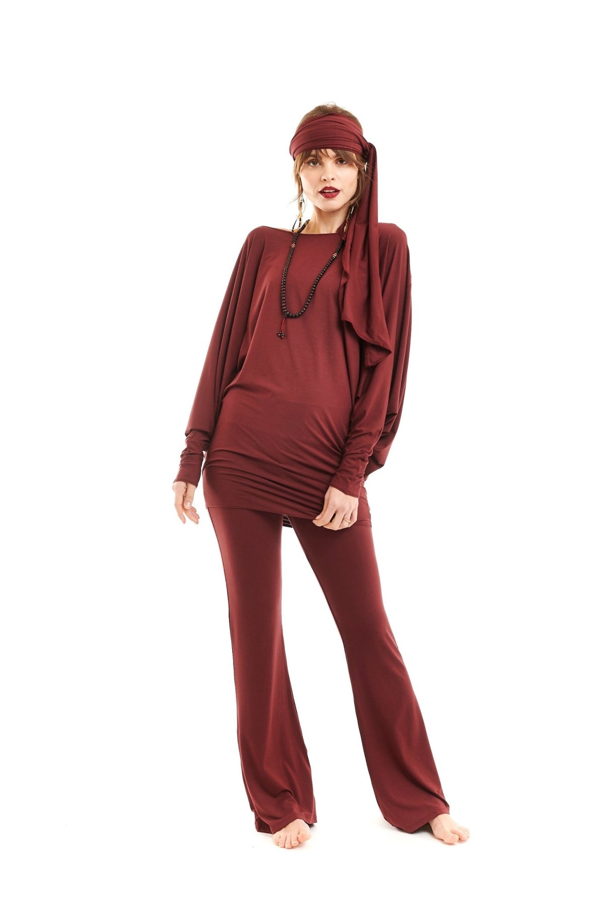 Bamboo Raglan Top With Scarf Burgundy - MUDRA