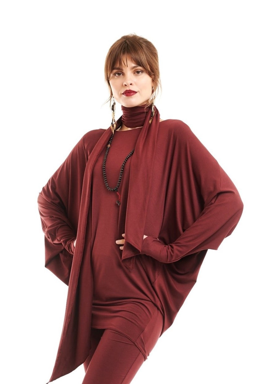 Bamboo Raglan Top With Scarf Burgundy - MUDRA