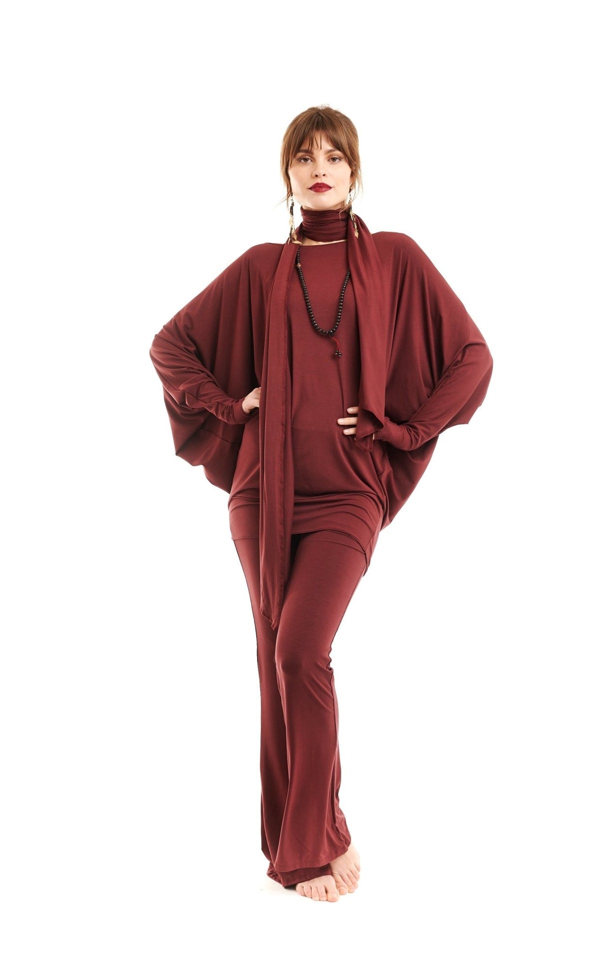 Bamboo Raglan Top With Scarf Burgundy - MUDRA