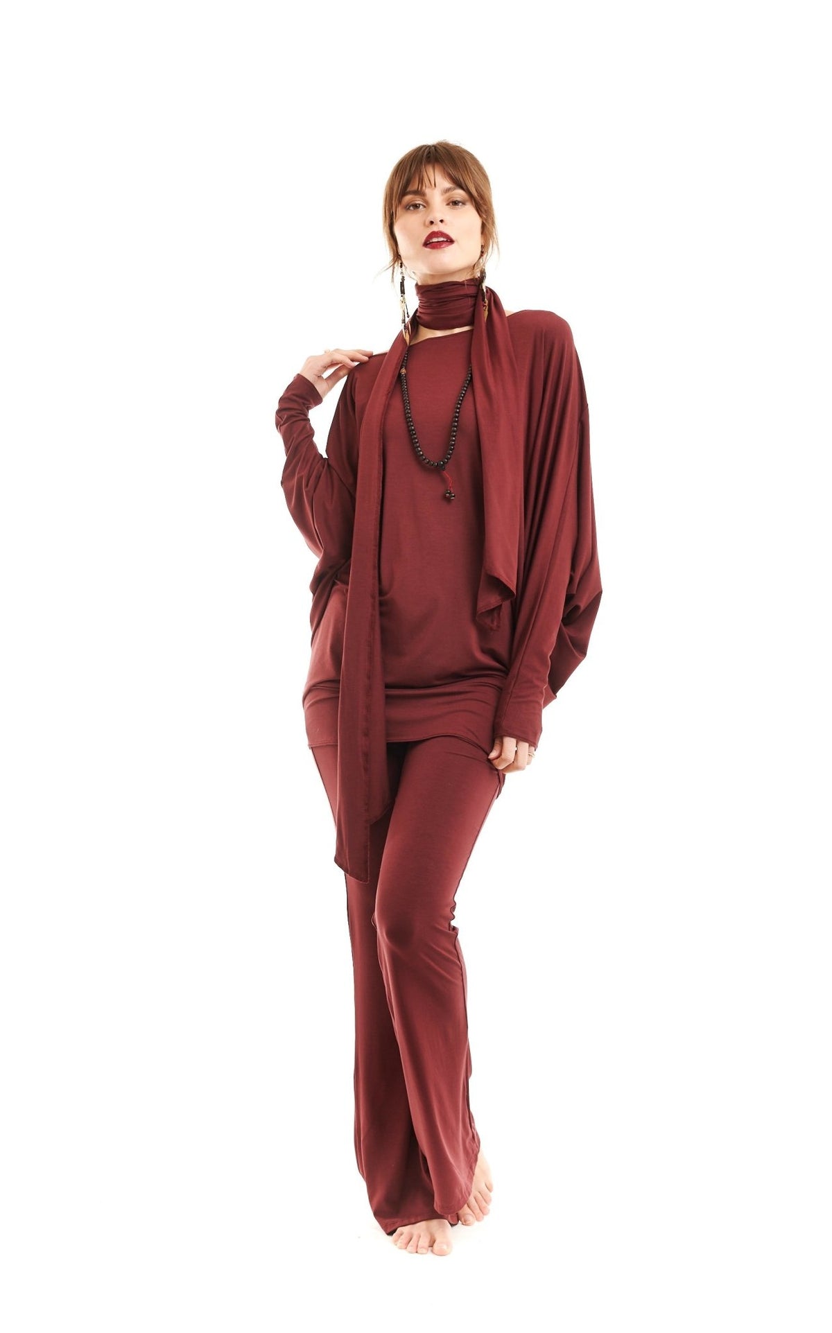 Bamboo Raglan Top With Scarf Burgundy - MUDRA