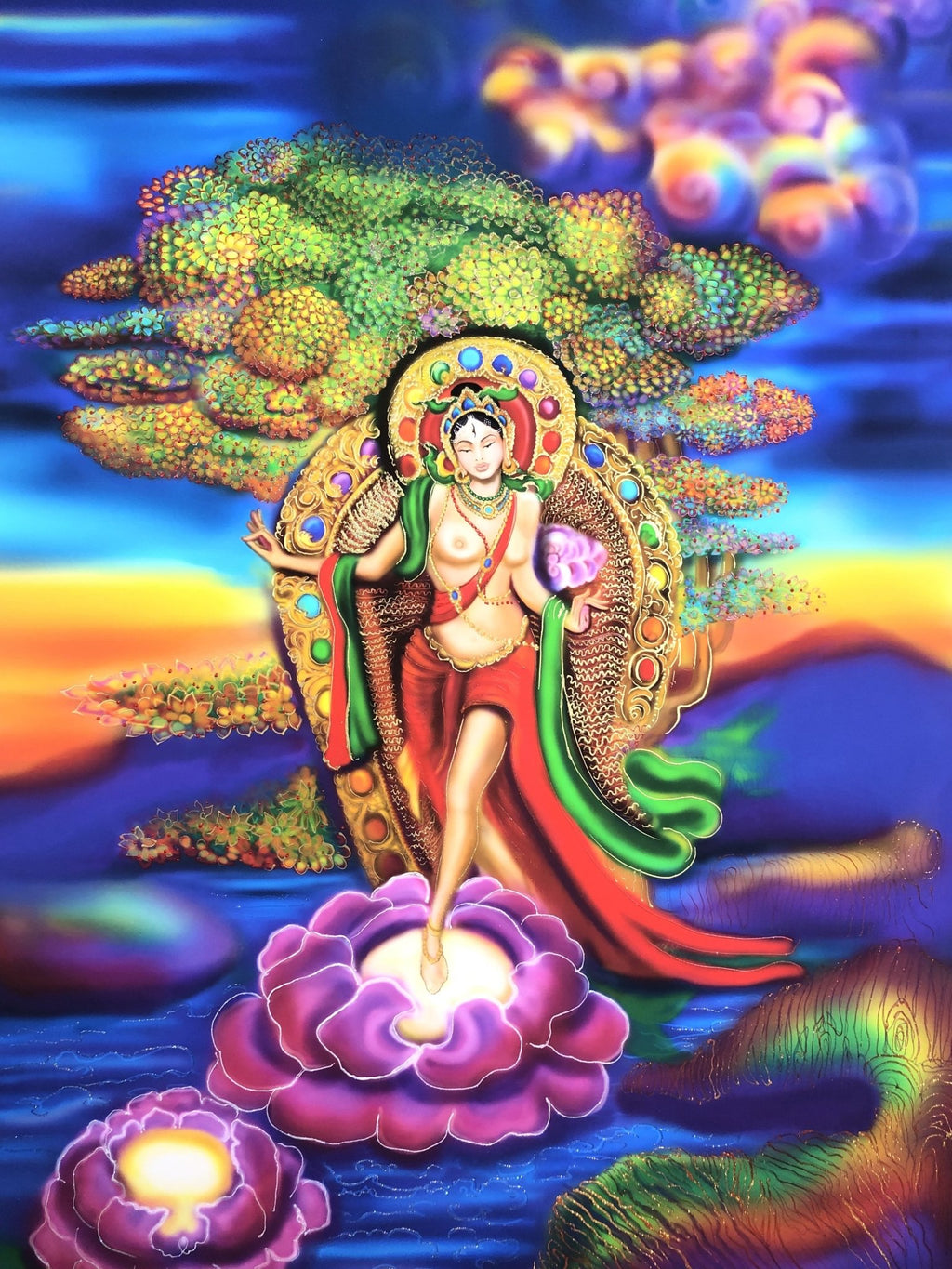 Standing White Tara & The Wish Fulfilling Jewel Tree - Visionary Art - MUDRA