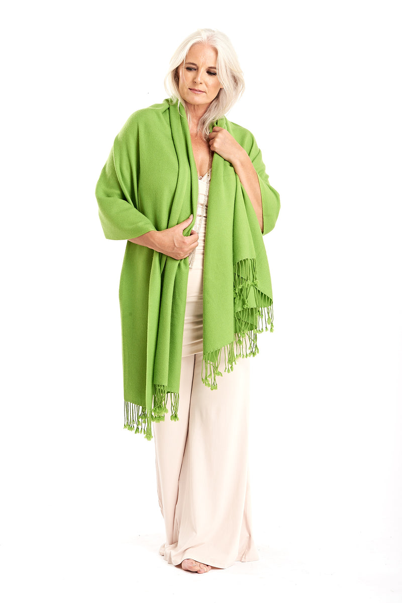 Thick Luxury Cashmere Herringbone Shawl - Lime - MUDRA