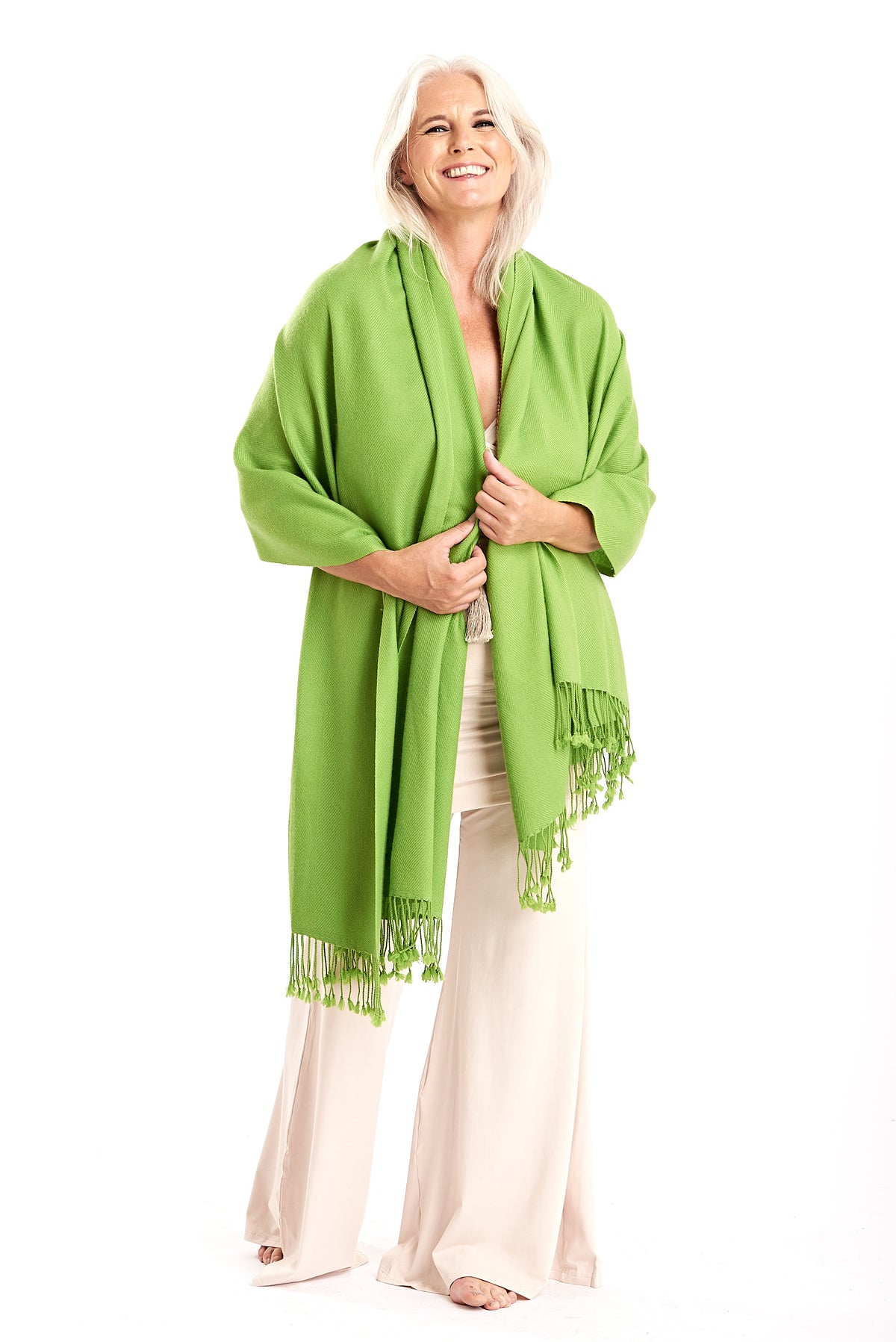 Thick Luxury Cashmere Herringbone Shawl - Lime - MUDRA