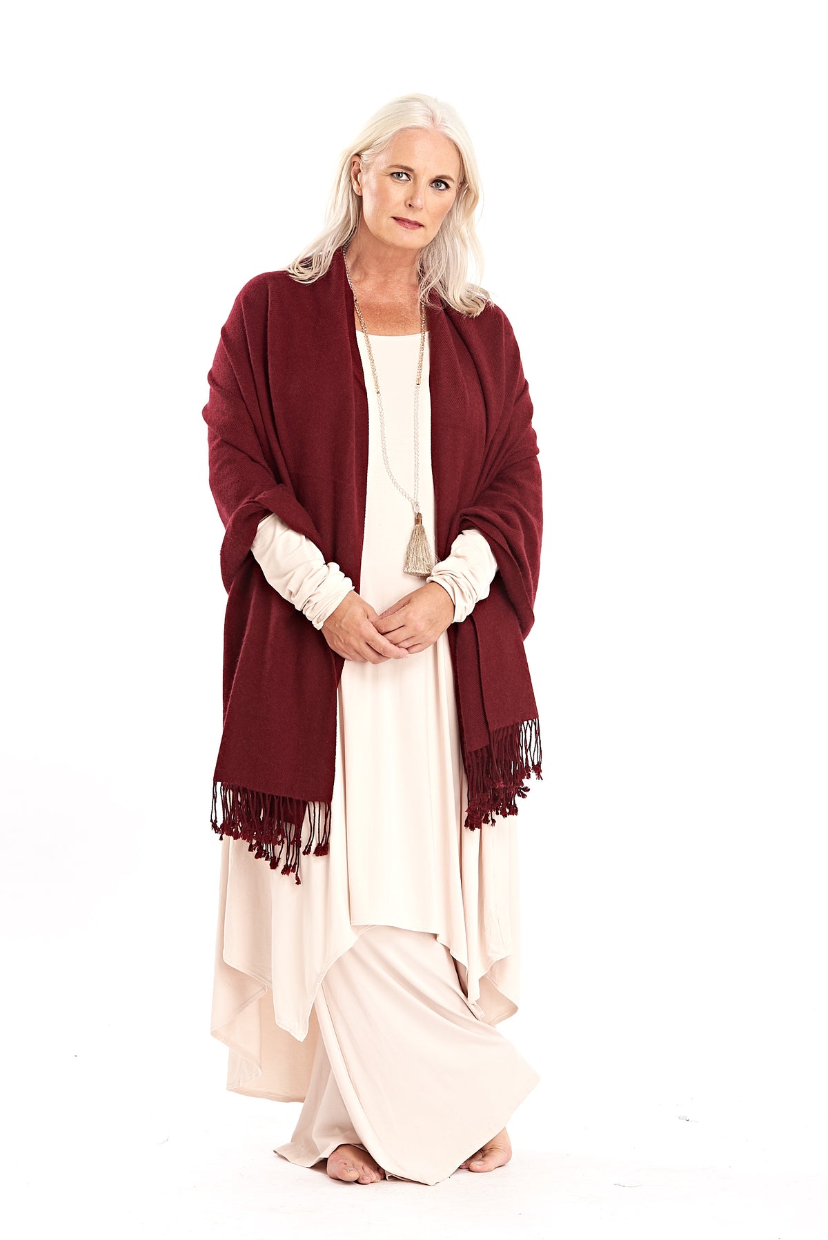 Thick Luxury Cashmere Herringbone Shawl - Burgundy - MUDRA
